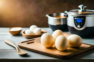 eggs on a cutting board next to an electric pressure cooker. AI-Generated photo