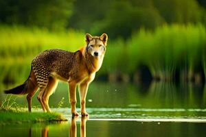 a wolf standing in the water near grass. AI-Generated photo