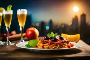 pasta with tomato sauce and olives on a plate with two glasses of champagne. AI-Generated photo