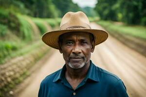 a man wearing a hat stands on a dirt road. AI-Generated photo