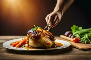 a person is holding a fork over a piece of meat. AI-Generated photo