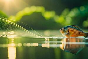 un pescado es flotante en el agua con un neto. generado por ai foto