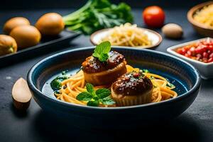 spaghetti with meatballs and sauce in a blue bowl. AI-Generated photo