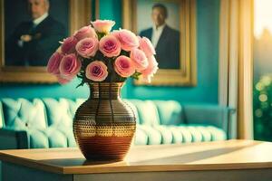 a vase of pink roses sits on a table in front of a painting. AI-Generated photo