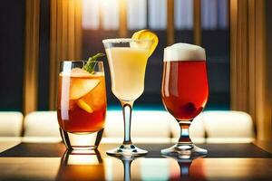 Tres diferente tipos de bebidas son mostrado en un mesa. generado por ai foto