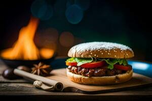 a hamburger with tomatoes and cheese on a wooden cutting board. AI-Generated photo