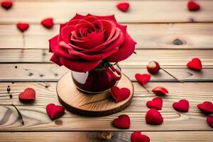 red roses in a vase on a wooden table. AI-Generated photo