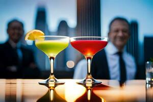 dos cócteles en un bar mesa con un hombre en el antecedentes. generado por ai foto