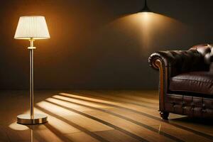 a leather couch and lamp in a room. AI-Generated photo