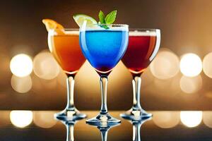 three glasses of colorful drinks on a table. AI-Generated photo