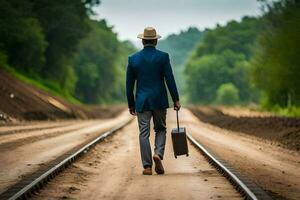 a man in a suit and hat walking on railroad tracks. AI-Generated photo