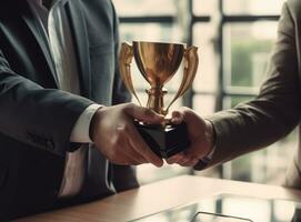 Closeup of a businessman giving a trophy award to the winner for success in business. AI Generated photo