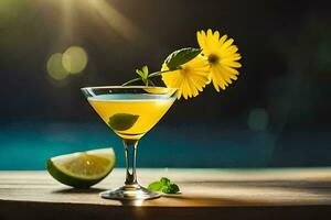 a cocktail with a yellow flower and lime. AI-Generated photo