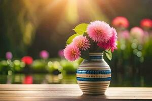 pink flowers in a vase on a wooden table. AI-Generated photo