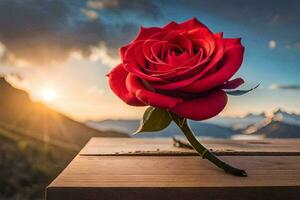 a red rose sits on a wooden table in front of a mountain. AI-Generated photo