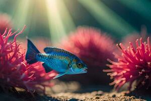 a fish is swimming in the ocean with pink flowers. AI-Generated photo