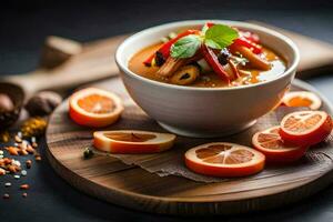 a bowl of soup with orange slices and spices. AI-Generated photo