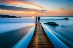 a man standing on a wooden pier at sunset. AI-Generated photo