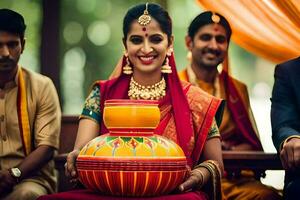 a bride in traditional indian attire holding a pot. AI-Generated photo