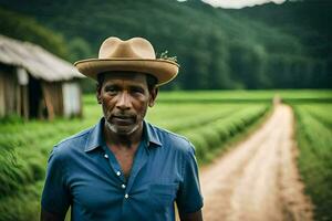 a man in a hat standing in a dirt road. AI-Generated photo
