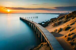 a long exposure photo of a pier at sunset. AI-Generated