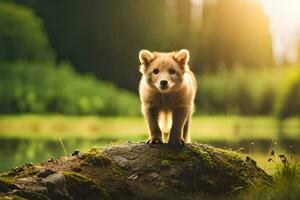 un perrito soportes en un Iniciar sesión en frente de un lago. generado por ai foto