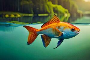 un pescado nadando en el agua con arboles en el antecedentes. generado por ai foto