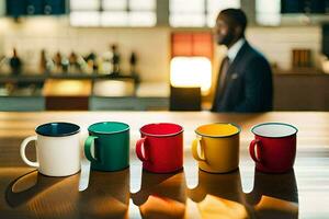 a man in a suit is sitting in front of a row of colorful coffee mugs. AI-Generated photo