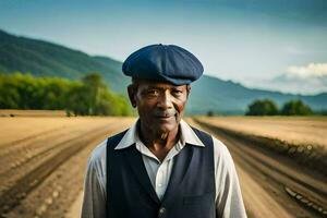 an old man wearing a blue hat standing in a dirt road. AI-Generated photo