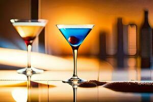 two martinis sit on a table in front of a window. AI-Generated photo