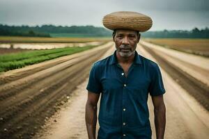 un hombre vistiendo un sombrero soportes en un suciedad la carretera. generado por ai foto