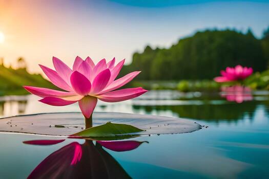 rosado loto flor en el agua a puesta de sol. generado por ai foto