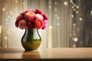 un florero con rosado flores sentado en un mesa. generado por ai foto