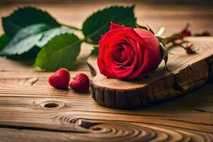 a single red rose is placed on a wooden table with raspberries. AI-Generated photo