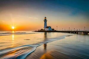 the sun sets over a lighthouse on the beach. AI-Generated photo