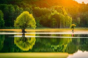 un árbol es reflejado en el agua a puesta de sol. generado por ai foto