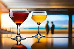 two glasses of wine on a table in front of a beach. AI-Generated photo