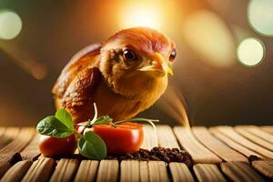 a small chicken is standing on top of a wooden table. AI-Generated photo