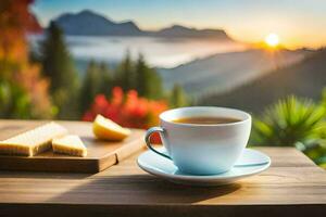 a cup of tea and a slice of lemon on a wooden table in the mountains. AI-Generated photo