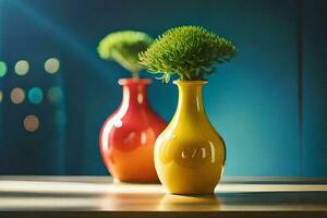 two colorful vases with green plants in them. AI-Generated photo