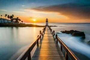 un faro es visto a puesta de sol en un muelle. generado por ai foto