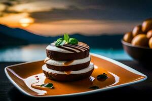 a dessert on an orange plate with a sunset in the background. AI-Generated photo