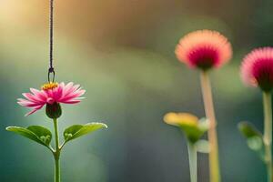 a pink flower is hanging from a string. AI-Generated photo
