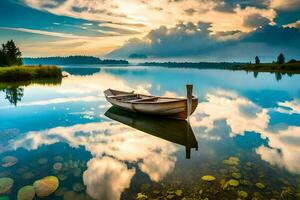 un barco es flotante en el agua a puesta de sol. generado por ai foto