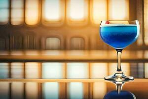 blue cocktail in a glass on a table. AI-Generated photo