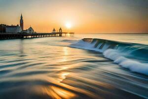 the sun rises over the water and pier in this photo. AI-Generated photo