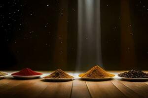 spices in a row on a wooden table. AI-Generated photo