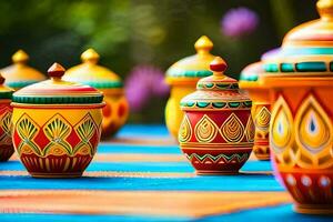 colorful pots and jars on a table. AI-Generated photo