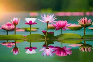 rosado loto flores en el agua con verde hojas. generado por ai foto