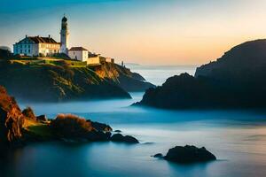 a lighthouse sits on top of a cliff overlooking the ocean. AI-Generated photo